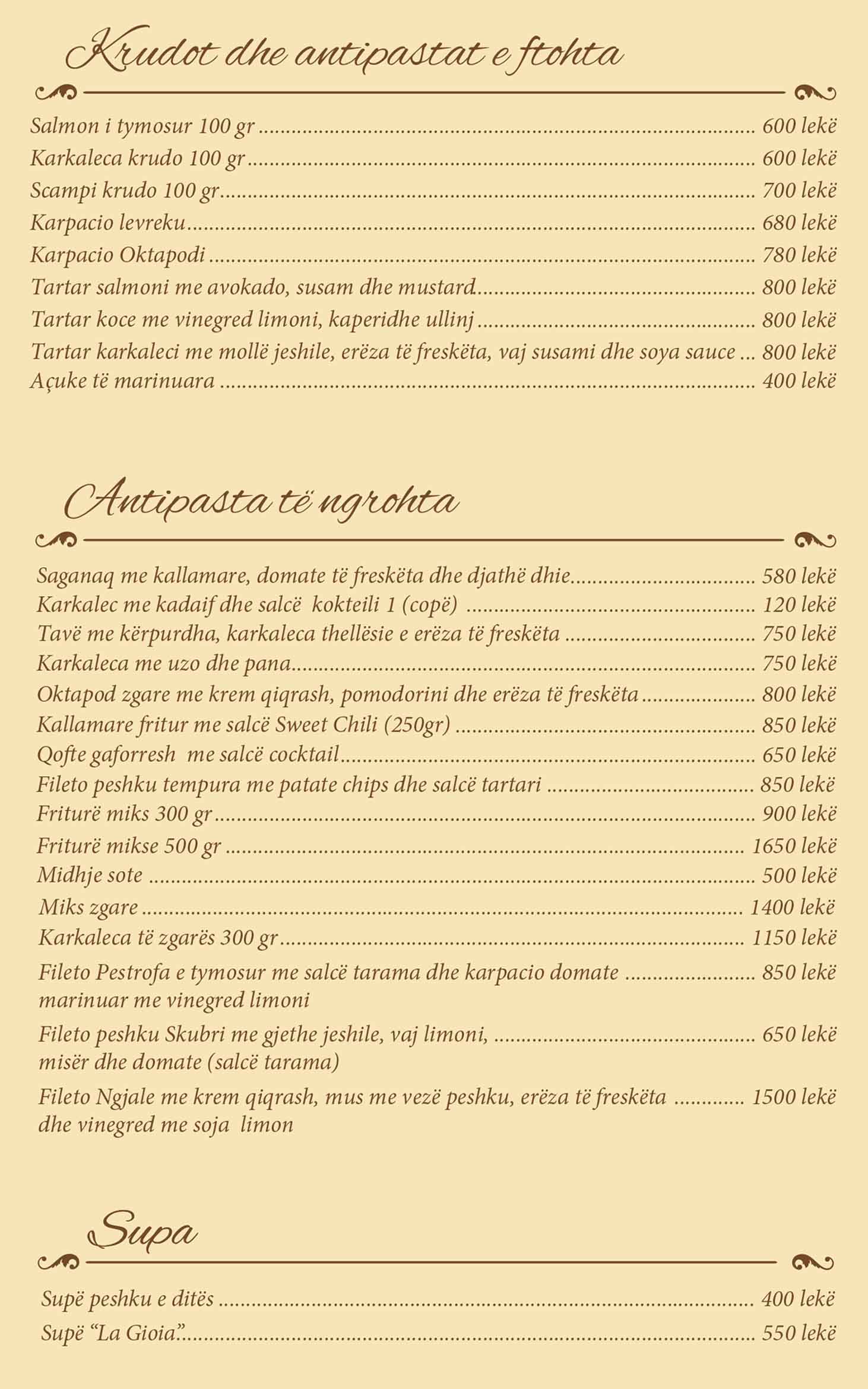 La Gioia Menu